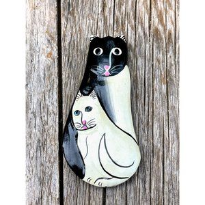 Vintage Folk Art Lacquer wood Cat Brooch